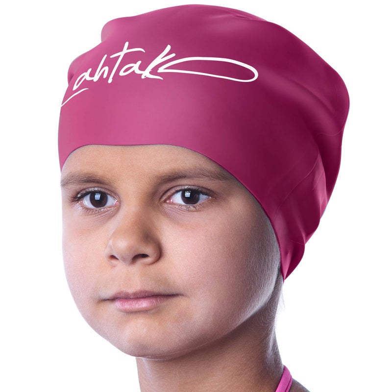 Lahtak Kids Swim Cap for Long Hair - Comfortable Fit Silicone Swimming Hat for Girls & Boys with Curly Hair, Braids, or Dreadlocks - Durable & Easy to Wear (Windsor Wine M) - Image 1